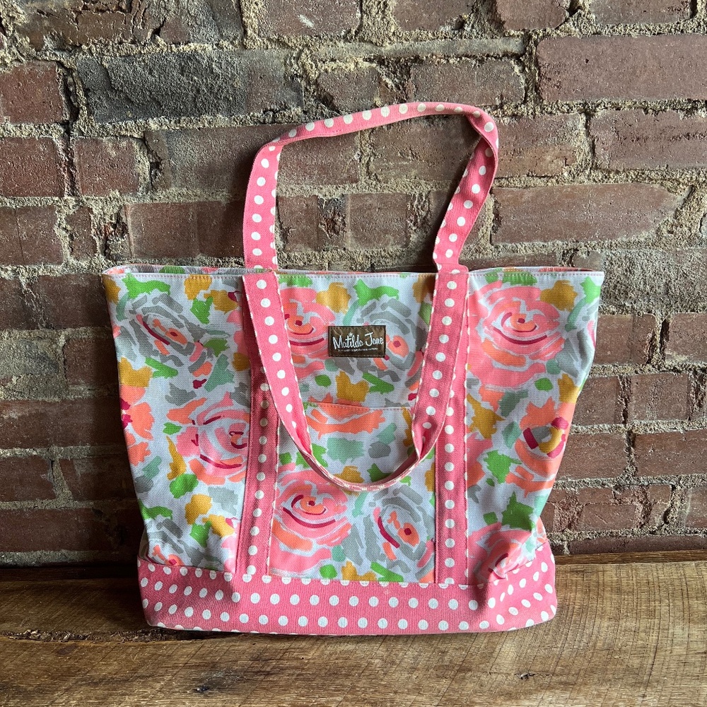 MATILDA JANE Canvas Beach Bag Tote Pink Blue Floral Print